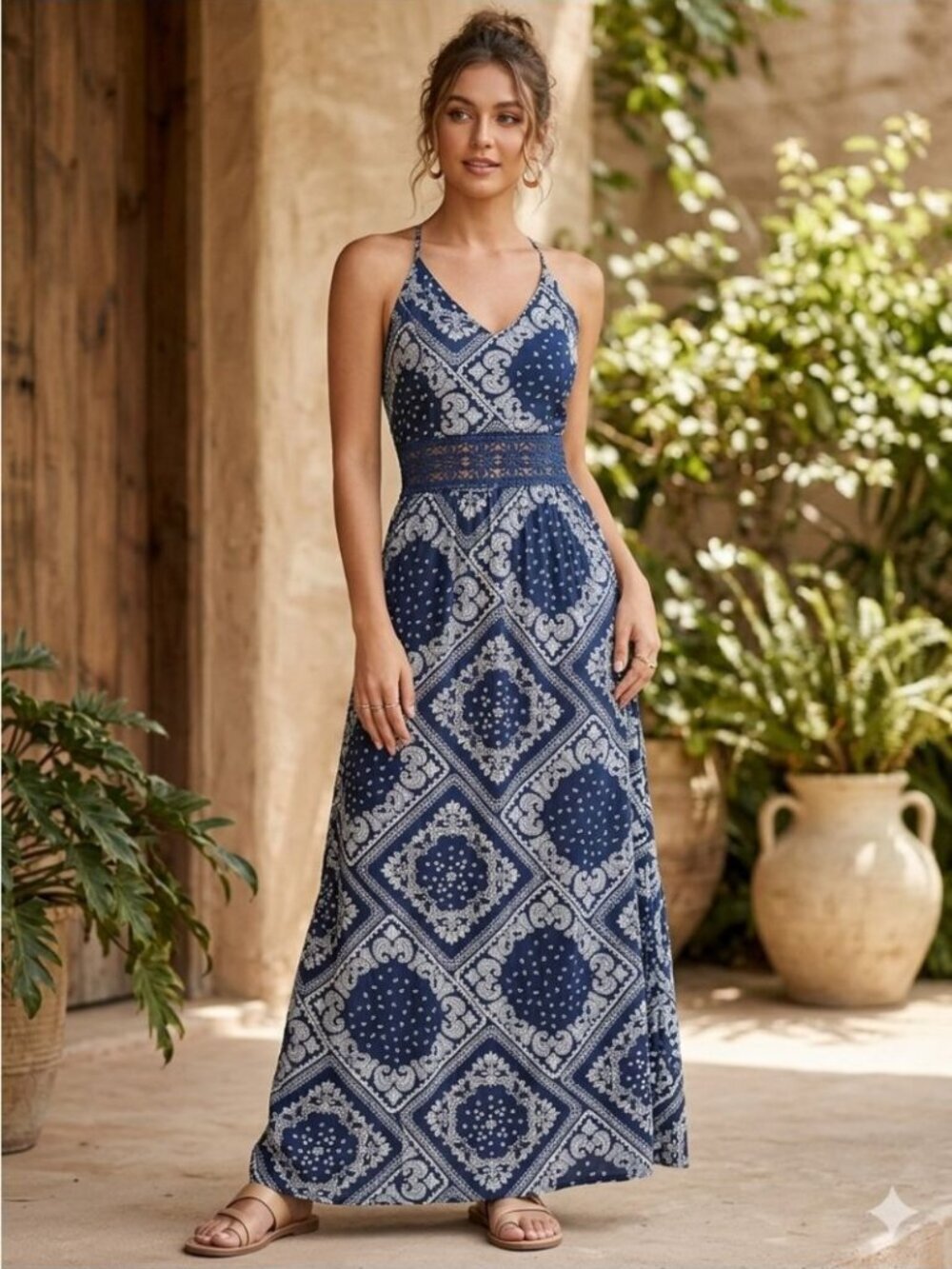 NWT Bandana Print Boho Halter Maxi Dress Lace Crochet Waist Navy Blue White - XL